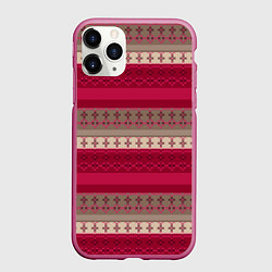 Чехол iPhone 11 Pro матовый Полосатый вышитый орнамент, цвет: 3D-малиновый