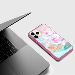 Чехол iPhone 11 Pro матовый Нежная акварель с розами, цвет: 3D-малиновый — фото 2