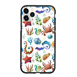 Чехол iPhone 11 Pro матовый Морской паттерн с крабами и водорослями, цвет: 3D-черный