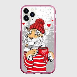 Чехол iPhone 11 Pro матовый Тигр с чашкой кофе, цвет: 3D-малиновый