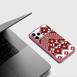 Чехол iPhone 11 Pro матовый Русский узор, геометрическая вышивка, цвет: 3D-малиновый — фото 2