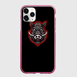 Чехол iPhone 11 Pro матовый Кабан красно-белый, цвет: 3D-малиновый