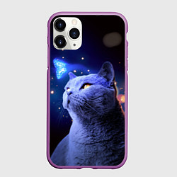 Чехол iPhone 11 Pro матовый КОТ И ГОЛУБАЯ БАБОЧКА, цвет: 3D-фиолетовый