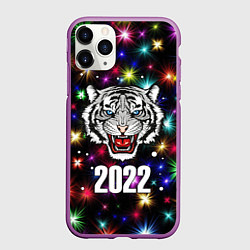 Чехол iPhone 11 Pro матовый БЕЛЫЙ ТИГР 2022 И НОВОГОДНИЕ ОГНИ, цвет: 3D-фиолетовый