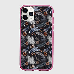 Чехол iPhone 11 Pro матовый Узор из еловых веток и шишек Акварельный рисунок, цвет: 3D-малиновый