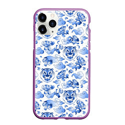 Чехол iPhone 11 Pro матовый Гжель Тигр и узоры, цвет: 3D-фиолетовый