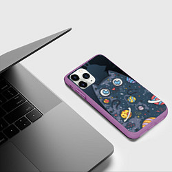 Чехол iPhone 11 Pro матовый Космический кот в планетах, цвет: 3D-фиолетовый — фото 2