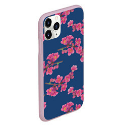 Чехол iPhone 11 Pro матовый Веточки айвы с розовыми цветами на синем фоне, цвет: 3D-розовый — фото 2