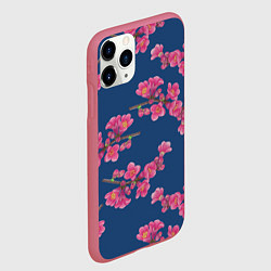 Чехол iPhone 11 Pro матовый Веточки айвы с розовыми цветами на синем фоне, цвет: 3D-малиновый — фото 2