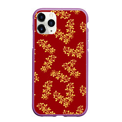 Чехол iPhone 11 Pro матовый Золотые веточки на ярко красном фоне, цвет: 3D-фиолетовый