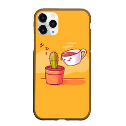 Чехол iPhone 11 Pro матовый Кактус и кружка с кофе