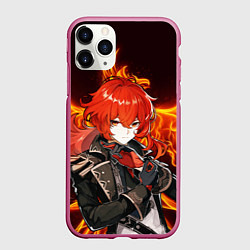 Чехол iPhone 11 Pro матовый ОГНЕННЫЙ ФЕНИКС ДИЛЮК, ГЕНШИН ИМПАКТ, цвет: 3D-малиновый