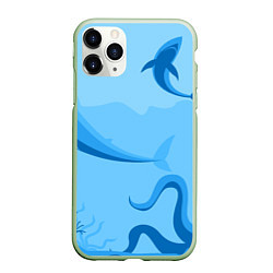Чехол iPhone 11 Pro матовый МоРское Дно с Акулами, цвет: 3D-салатовый