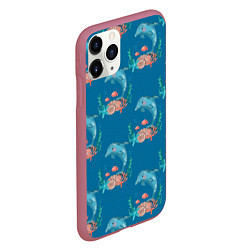 Чехол iPhone 11 Pro матовый Дельфины Море паттерн, цвет: 3D-малиновый — фото 2