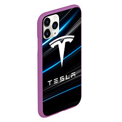 Чехол iPhone 11 Pro матовый Tesla - Неоновые полосы, цвет: 3D-фиолетовый — фото 2