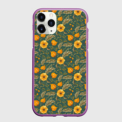 Чехол iPhone 11 Pro матовый Желтые цветочки и листья, цвет: 3D-фиолетовый