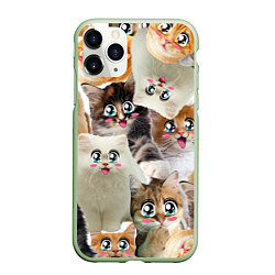 Чехол iPhone 11 Pro матовый Много кошек с большими анимэ глазами, цвет: 3D-салатовый