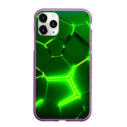 Чехол iPhone 11 Pro матовый 3D ПЛИТЫ НЕОН NEON GREEN HEXAGON РАЗЛОМ, цвет: 3D-фиолетовый