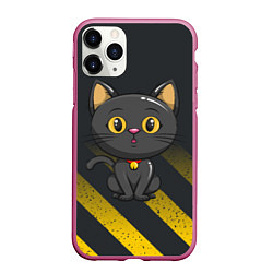 Чехол iPhone 11 Pro матовый Черный кот желтые полосы, цвет: 3D-малиновый