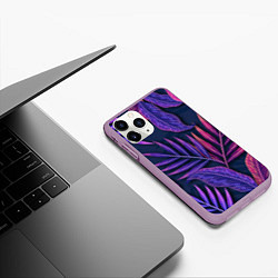 Чехол iPhone 11 Pro матовый Neon Tropical plants pattern, цвет: 3D-сиреневый — фото 2