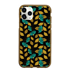 Чехол iPhone 11 Pro матовый Золотые и зеленые листья, цвет: 3D-коричневый