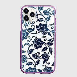 Чехол iPhone 11 Pro матовый Гжелевые цветы, цвет: 3D-фиолетовый