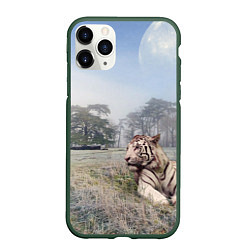 Чехол iPhone 11 Pro матовый Полосатый белый тигр, цвет: 3D-темно-зеленый