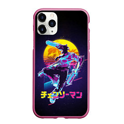 Чехол iPhone 11 Pro матовый CHAINSAW MAN on the background of the moon, цвет: 3D-малиновый