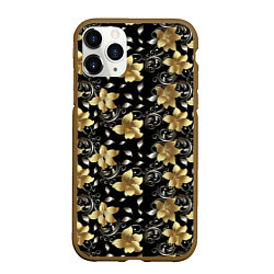 Чехол iPhone 11 Pro матовый Золотые цветы на черном фоне, цвет: 3D-коричневый