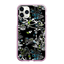 Чехол iPhone 11 Pro матовый Черно-белый с синими вкраплениями абстрактный узор, цвет: 3D-розовый