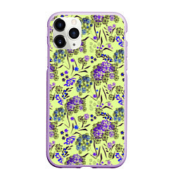 Чехол iPhone 11 Pro матовый Фиолетовые цветы на зеленом фоне, цвет: 3D-сиреневый