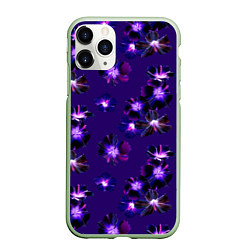 Чехол iPhone 11 Pro матовый Цветы Фиолетовые Гибискус На Синем Фоне, цвет: 3D-салатовый