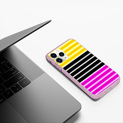 Чехол iPhone 11 Pro матовый Желтые розовые и черные полосы на белом, цвет: 3D-розовый — фото 2