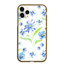 Чехол iPhone 11 Pro матовый Цветы Синие Нарисованные Карандашами, цвет: 3D-коричневый