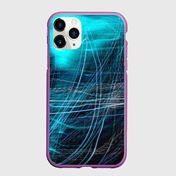 Чехол iPhone 11 Pro матовый Неоновые волны и линии - Голубой, цвет: 3D-фиолетовый