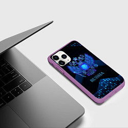 Чехол iPhone 11 Pro матовый Синий неоновый герб России, цвет: 3D-фиолетовый — фото 2