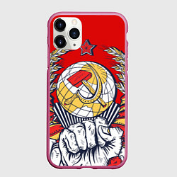 Чехол iPhone 11 Pro матовый СССР серп и молот герб, цвет: 3D-малиновый