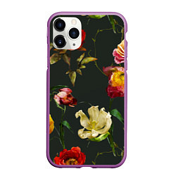 Чехол iPhone 11 Pro матовый Цветы Нарисованные Красные Розы и Лилии На Коричне, цвет: 3D-фиолетовый