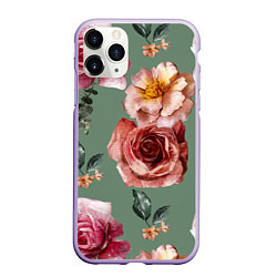 Чехол iPhone 11 Pro матовый Цветы Нарисованные Розы и Пионы, цвет: 3D-светло-сиреневый
