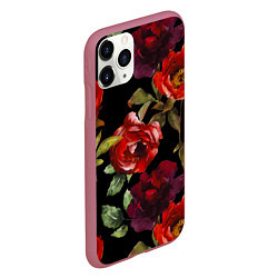 Чехол iPhone 11 Pro матовый Цветы Нарисованные Розы На Чёрном Фоне, цвет: 3D-малиновый — фото 2