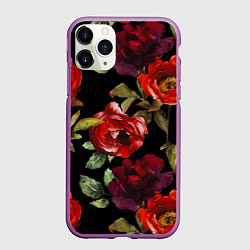 Чехол iPhone 11 Pro матовый Цветы Нарисованные Розы На Чёрном Фоне, цвет: 3D-фиолетовый