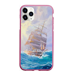 Чехол iPhone 11 Pro матовый Фрегат в штормовом океане, цвет: 3D-малиновый