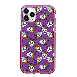 Чехол iPhone 11 Pro матовый Сахарные черепа на фиолетовом паттерн, цвет: 3D-малиновый