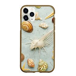 Чехол iPhone 11 Pro матовый Океанские ракушки и морские звёзды на песке, цвет: 3D-коричневый