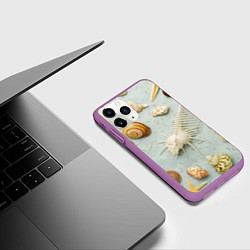 Чехол iPhone 11 Pro матовый Океанские ракушки и морские звёзды на песке, цвет: 3D-фиолетовый — фото 2