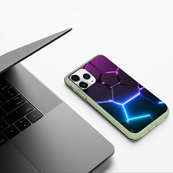 Чехол iPhone 11 Pro матовый Фиолетовый градиент - неоновые геометрические плит, цвет: 3D-салатовый — фото 2