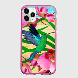 Чехол iPhone 11 Pro матовый Колибри и орхидеи, цвет: 3D-малиновый