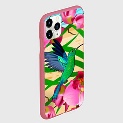 Чехол iPhone 11 Pro матовый Колибри и орхидеи, цвет: 3D-малиновый — фото 2