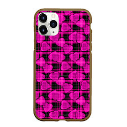 Чехол iPhone 11 Pro матовый Black and pink hearts pattern on checkered, цвет: 3D-коричневый