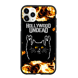 Чехол iPhone 11 Pro матовый Hollywood Undead рок кот и огонь, цвет: 3D-черный